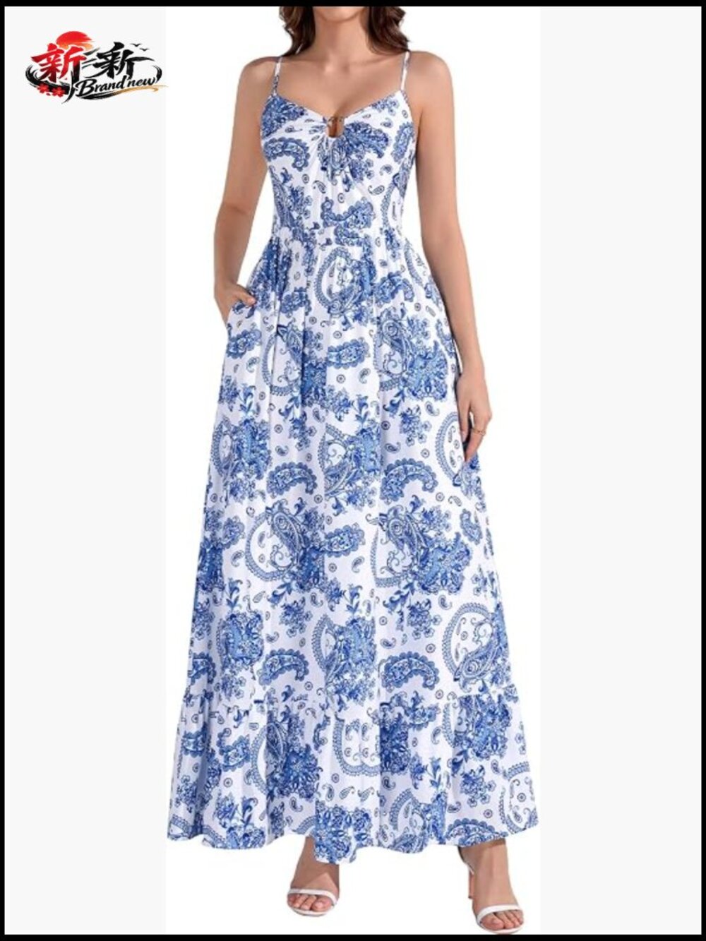 Smocked Back Maxi Sun Dress with Pockets - Boho Floral Sleeveless V-Neck